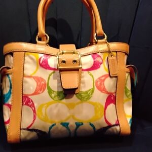 Coach Signature Multicolor Canvas Tote with Tan Leather Trim